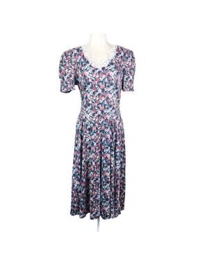 Vintage 80s Paquette Too! Navy Blue and Pink Floral Drop Waist Midi Dress M